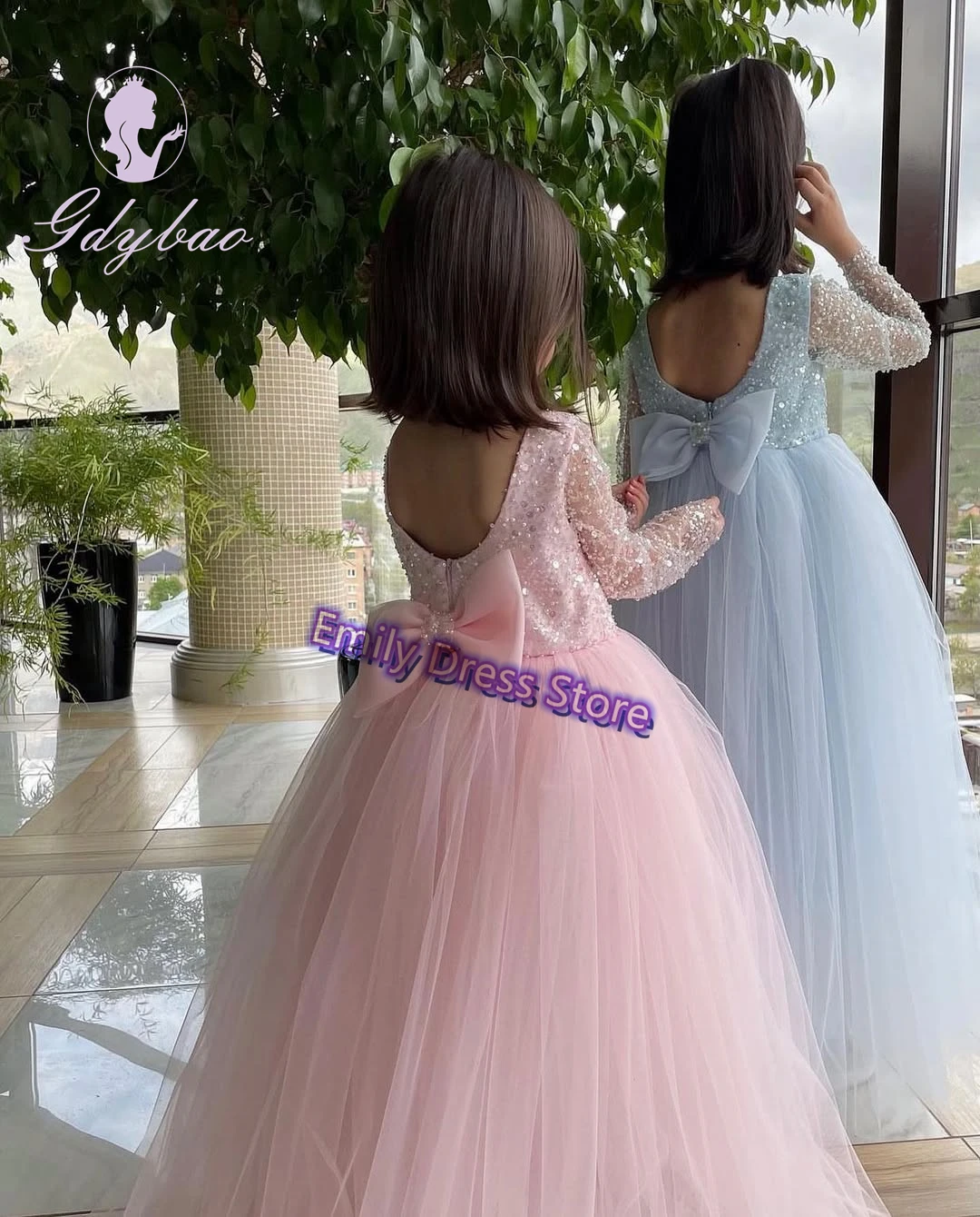 Personalizado Lace Tulle Flower Girl Vestidos Para Casamento Lantejoulas Com Arco Backless Kids Birthday Party Primeira Comunhão Pageant Vestido