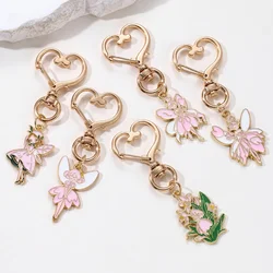 Cute Pink Little Spirit Enamel Keychain Flower Fairy Plant Key Ring For Women Girls Good Gift Decoration Handmade Jewelry Set