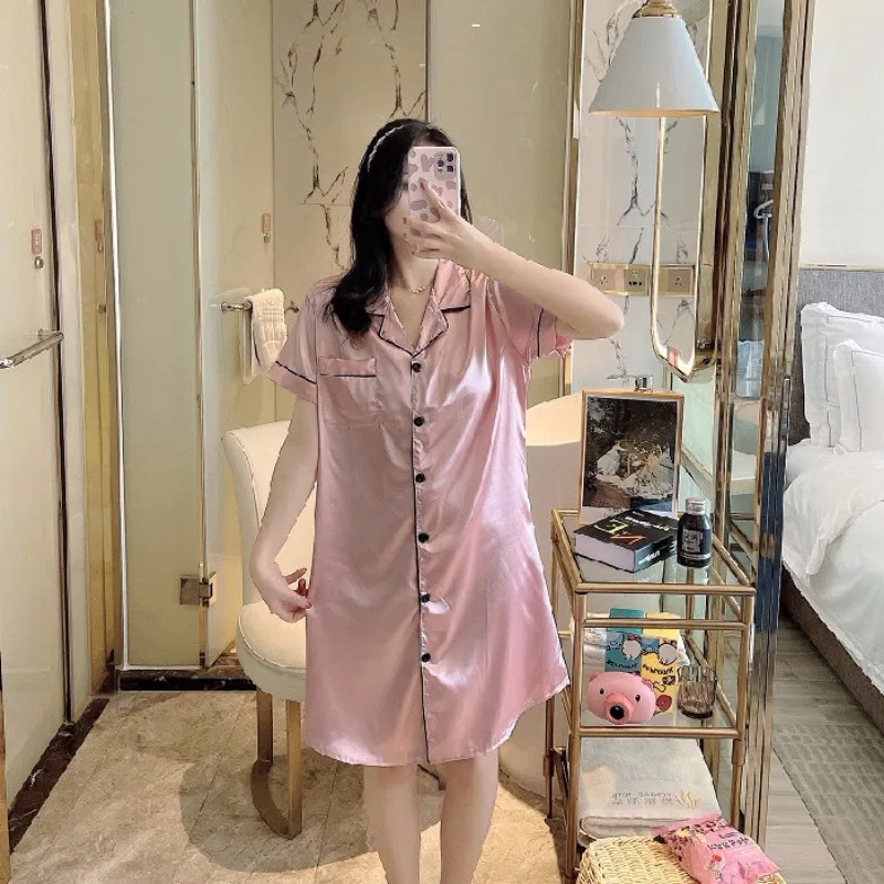 Sexy Women Nightgown Lapel Short Sleeve Sleepshirts Satin Silk Cardigan Nightdress Hot Nighty Summer Nightgowns Mini Pajamas