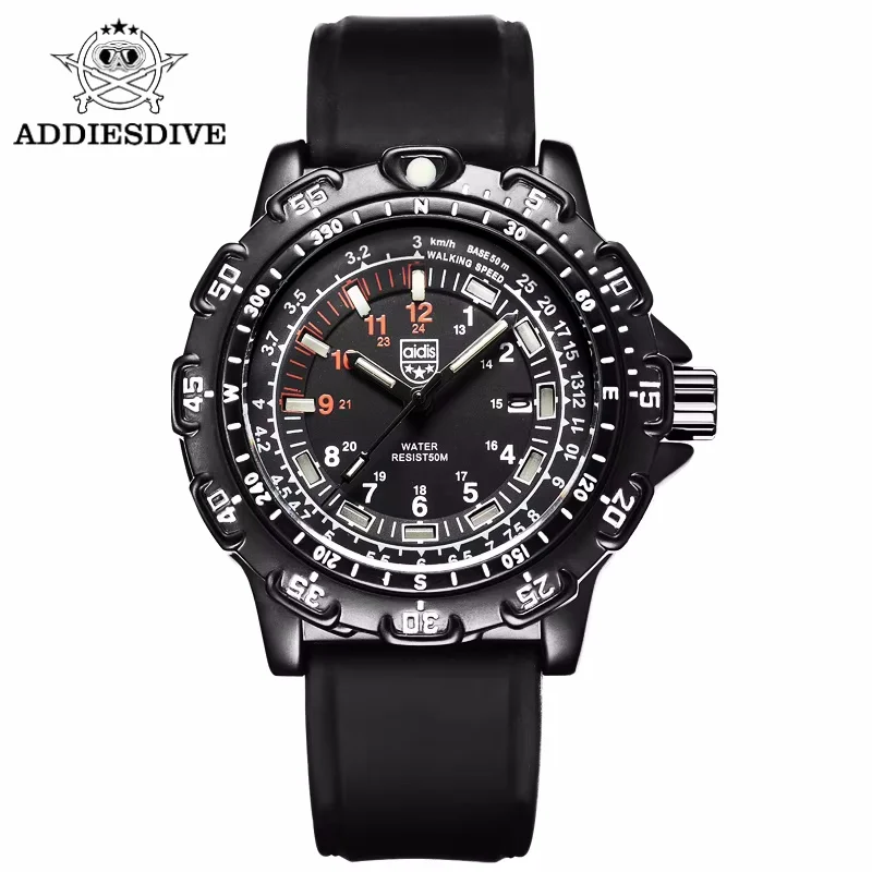 ADDIESDIVE Outdoor Sports Luminous Tube Quartz Wrist Watches 50M waterproof Men Black Silicone Watch Clock Men\'s watch