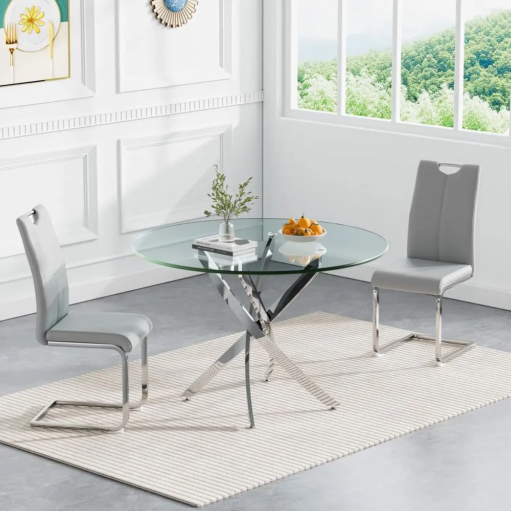 

Round Glass Dining Table Set with 3 Chairs, Compact Dining Set, Silver Glass Kitchen Table and 2 Leather Chairs