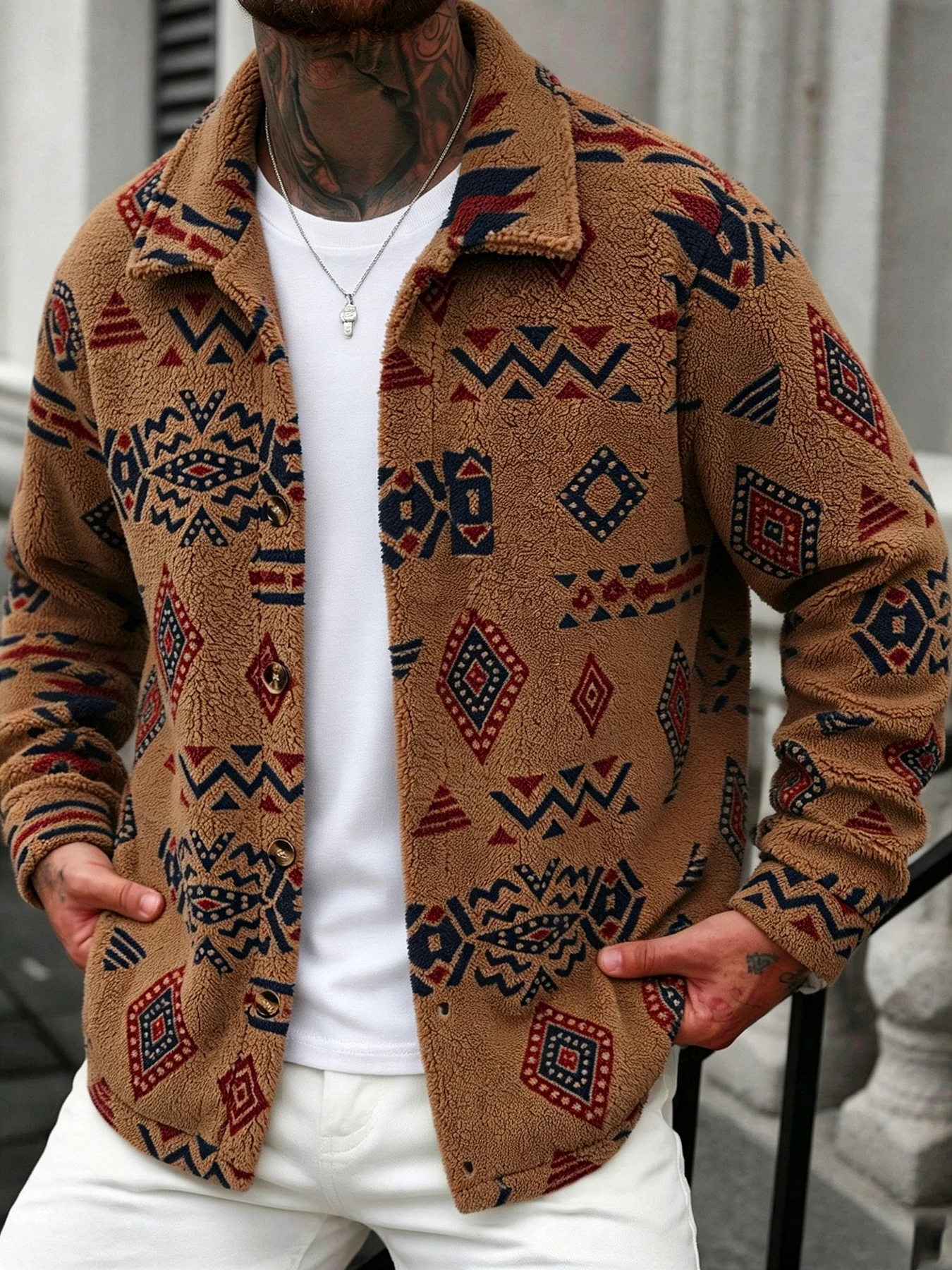 Men's Thick Jacquard Lambswool Lapel Jacket, Vintage Geometric Ethnic Style Plush Jacket, Loose Fit for Commuting and Outdoor Use, Cold-Resistant Versatile Men's Top