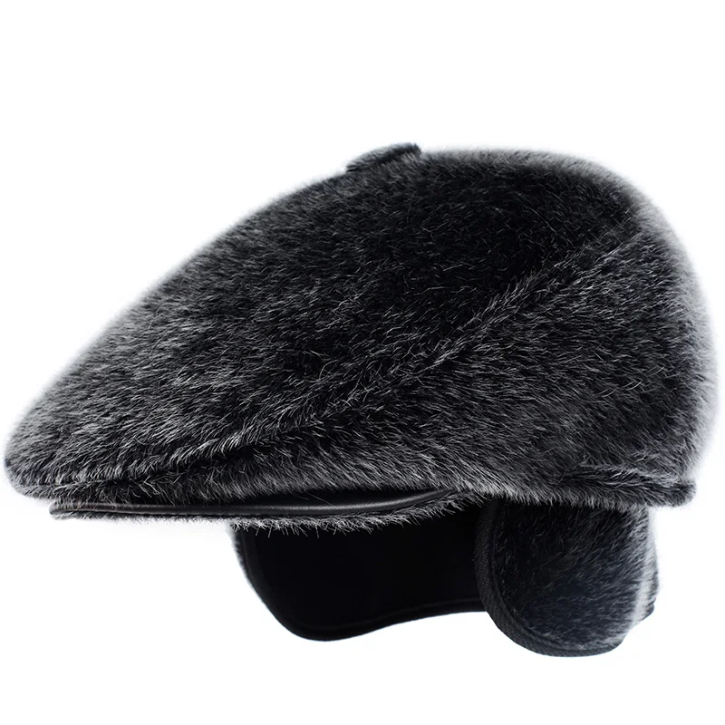 Winter Faux Mink Fur Newsboy Hat With Earflaps Beret Warm for The Elderly Peaked Cap Bonnet for Old Men Flat Gorras Freeshipping