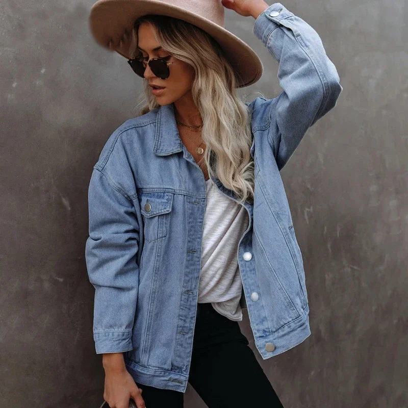 Women Denim Jacket 2021 Autumn Winter Oversize Jackets Washed Blue Jeans Coat Turn-down Collar Outwear Bomber Jacket Plus Size