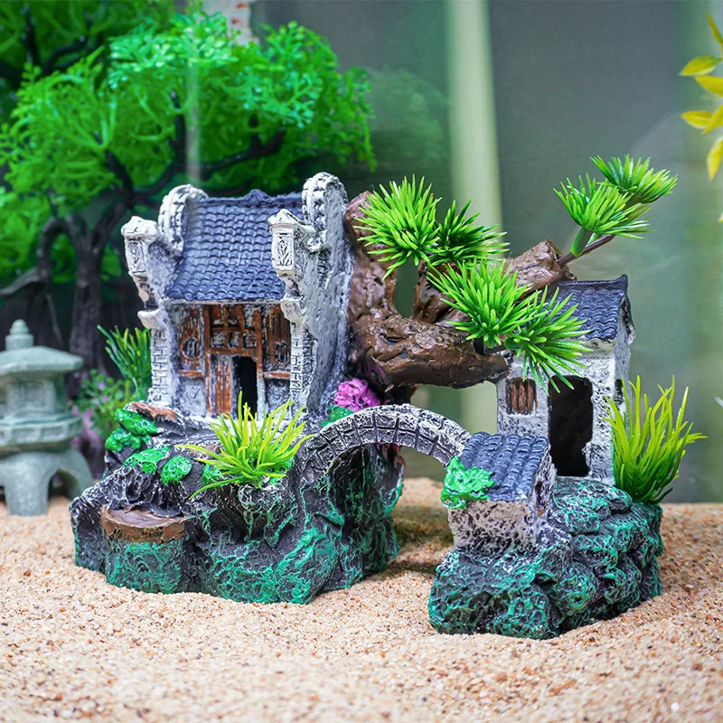 Hot sale factory price resin Chinese style Jiangnan hut simulation garden ancient building aquarium fish tank decoration