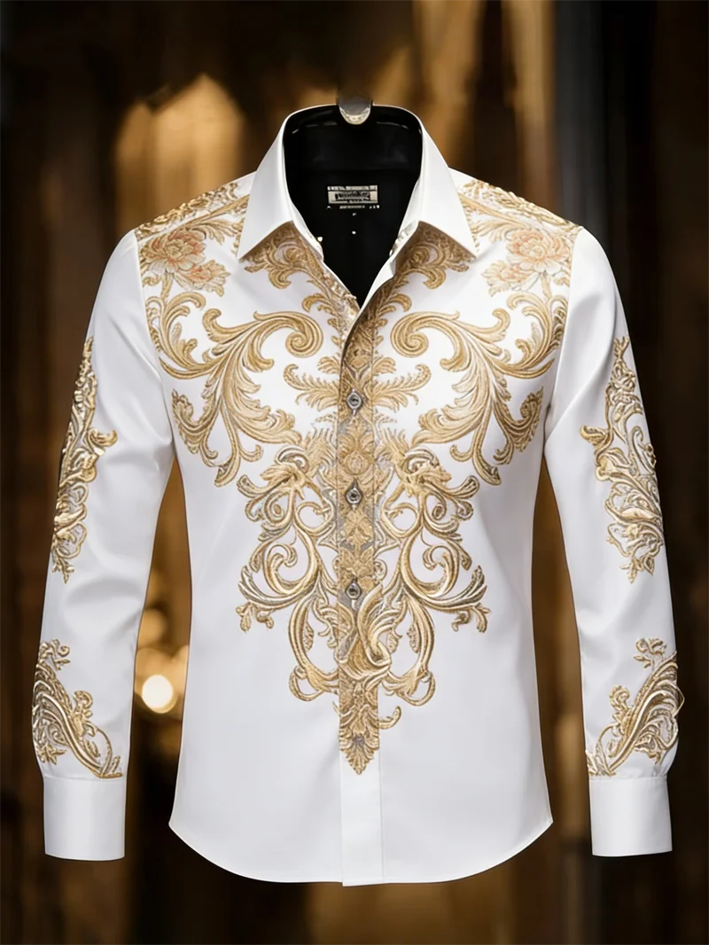 Men Button Up Long Sleeve Shirt Vintage Baroque Ornament Print Elegant Banquet Outfit