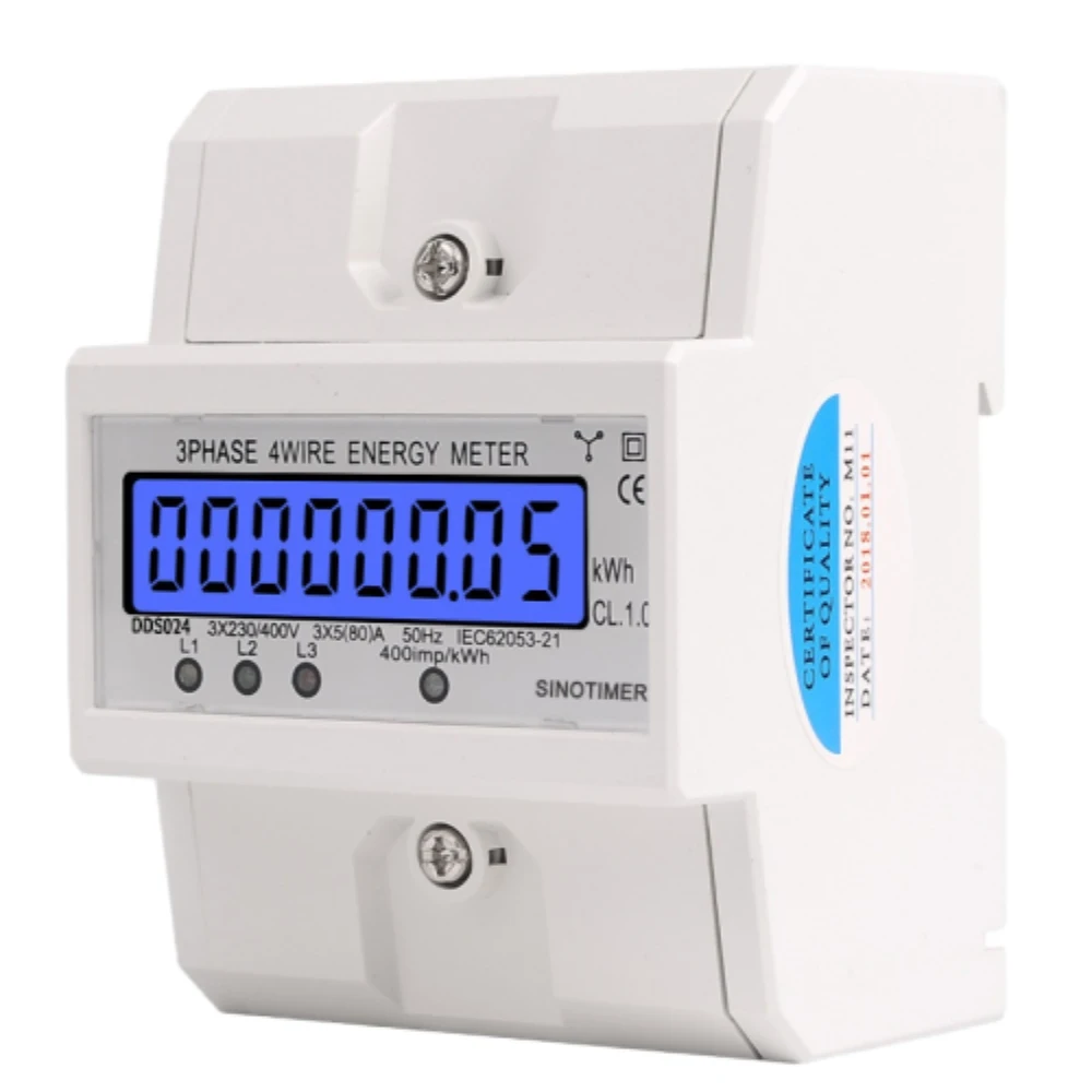 3 Phase 4 Wire Electronic Watt Power Consumption Energy Meter Din Rail 5-80A AC400V 50Hz LCD Backlight Display kWh Wattmeter