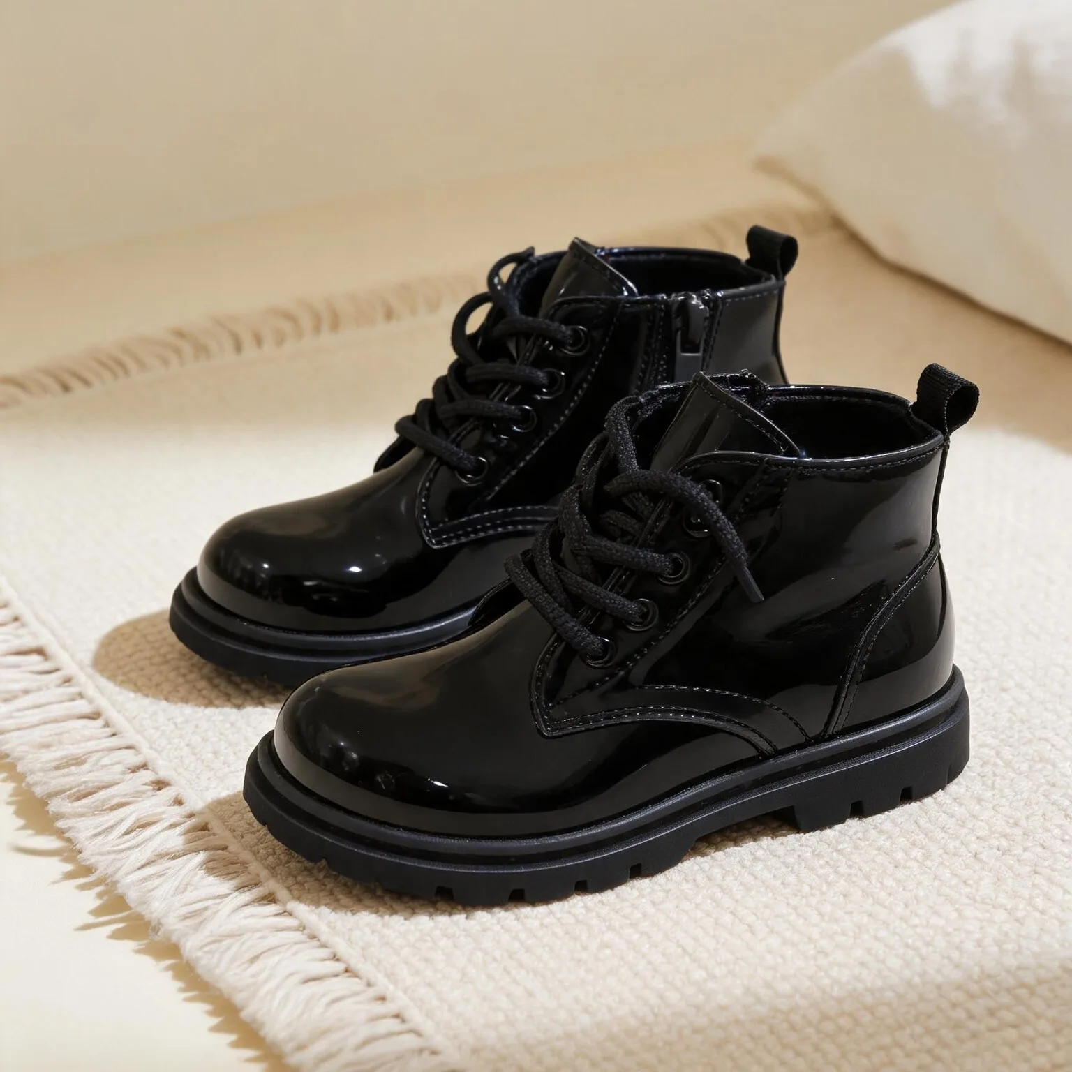 COMFY KIDS Toddler Kids Black Glossy Short Ankle Boots Lace Up Side Zipper Platform Fashion Casual Boots For Boys Girls Daily We