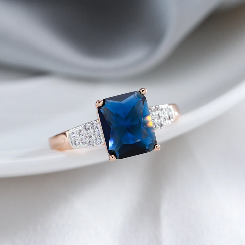 Kinel Unusual Shiny Square Blue Natural Zircon Rings for Women 585 Rose Gold Mixed Silver Luxury Wedding Party Daily Jewelry
