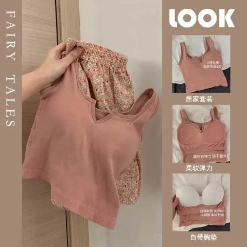 Woman Summer Pajama Set Lady Padded Cami Shorts Two-Piece Set Girl Loungewear Students Wear Outside Casual Outfit Women Homewear