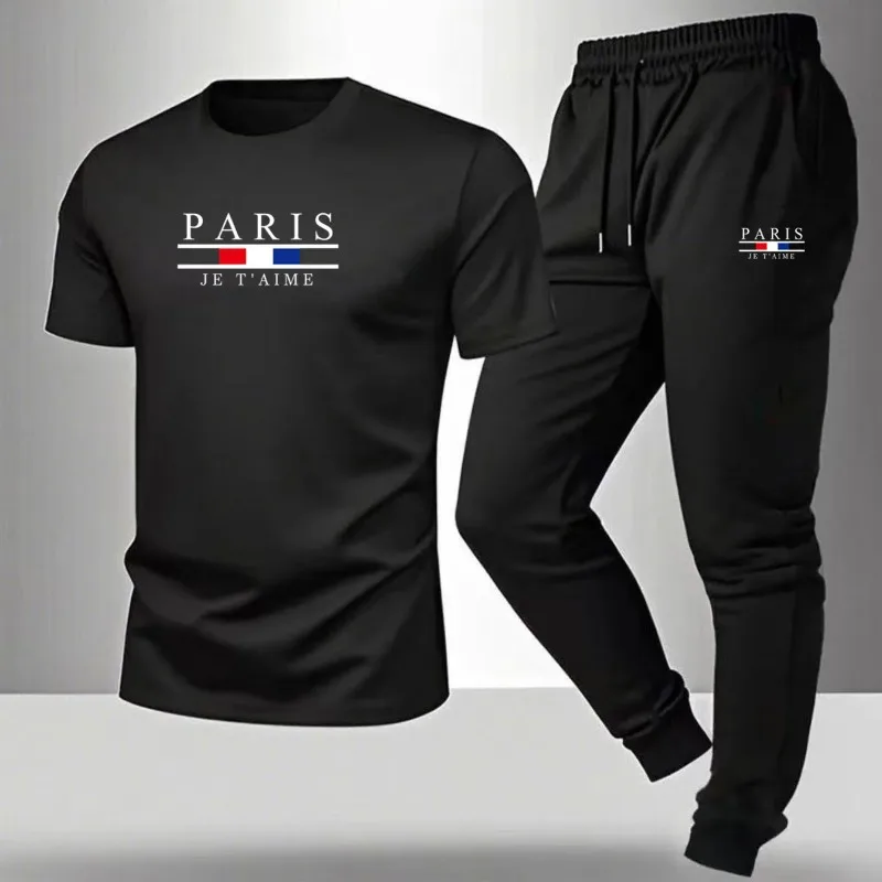 

Men's casual sports outfit, printed round-neck short-sleeved T-shirt and long pants, suitable for outdoor wear.