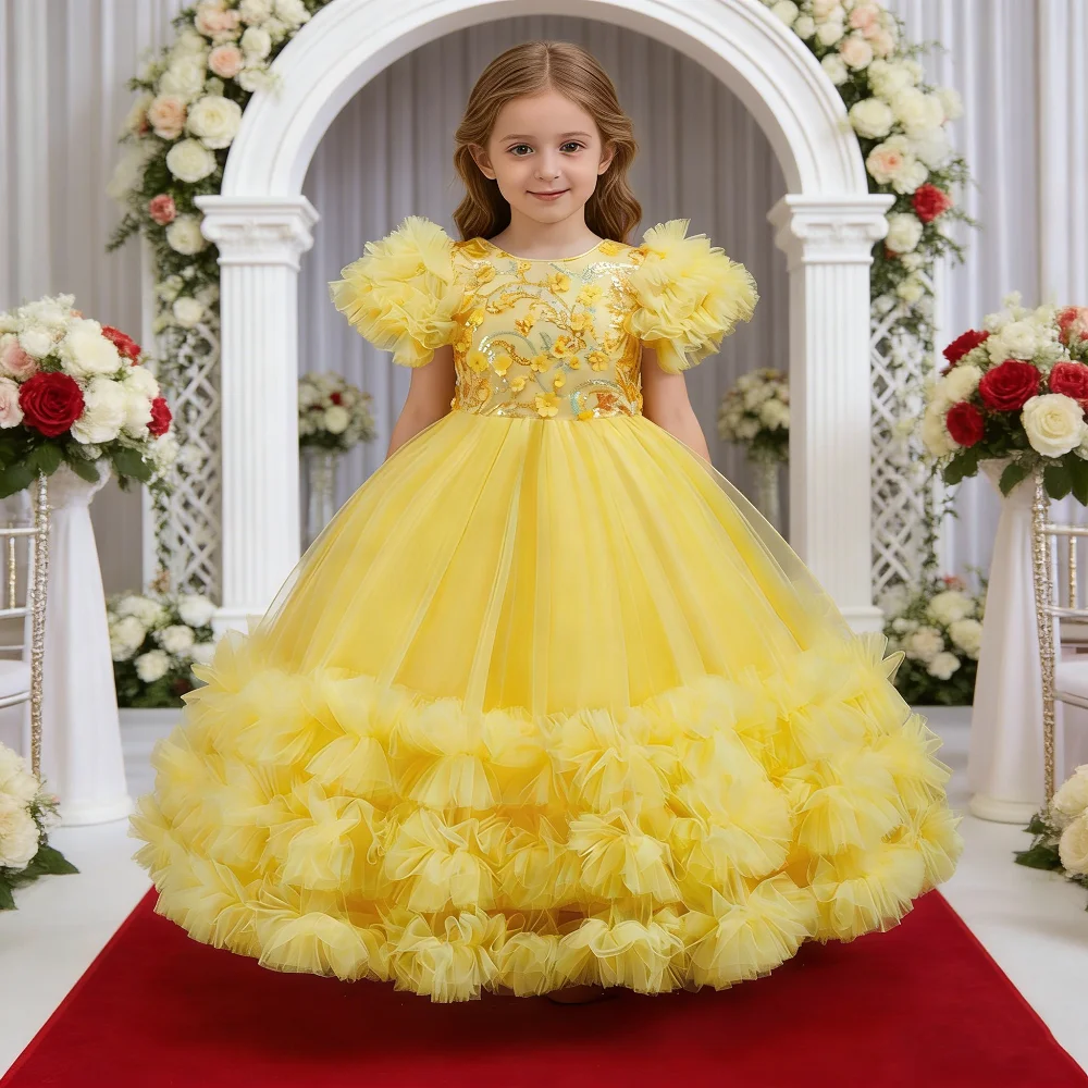 

Новое стильное желтое платье с пайетками для девочек средних и крупных детей, костюмированное праздничное, карнавальное платье для девочек, детей 5-12 лет.