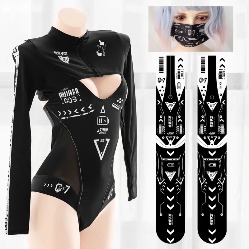 Women cyberpunk Dark mechanical sexy cosplay jumpsuit and tops hollow out sukuizu costumes swimwear bodysuit stocking set