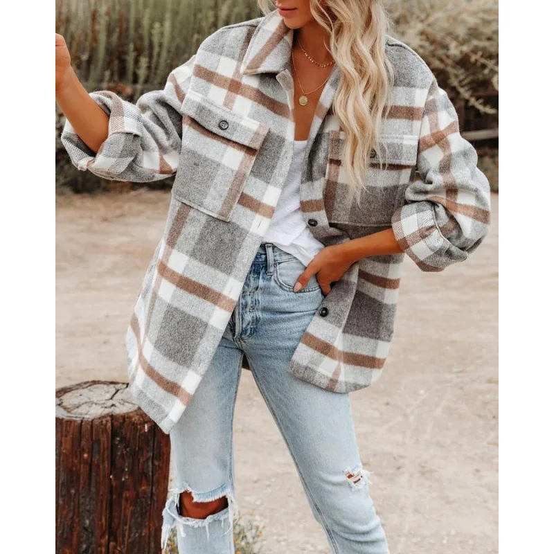 Loose Long Sleeve Plaid Shirt Woolen Coat for Women Autumn Winter Fashion Hong Kong Style Mid-Length Single Button Closure