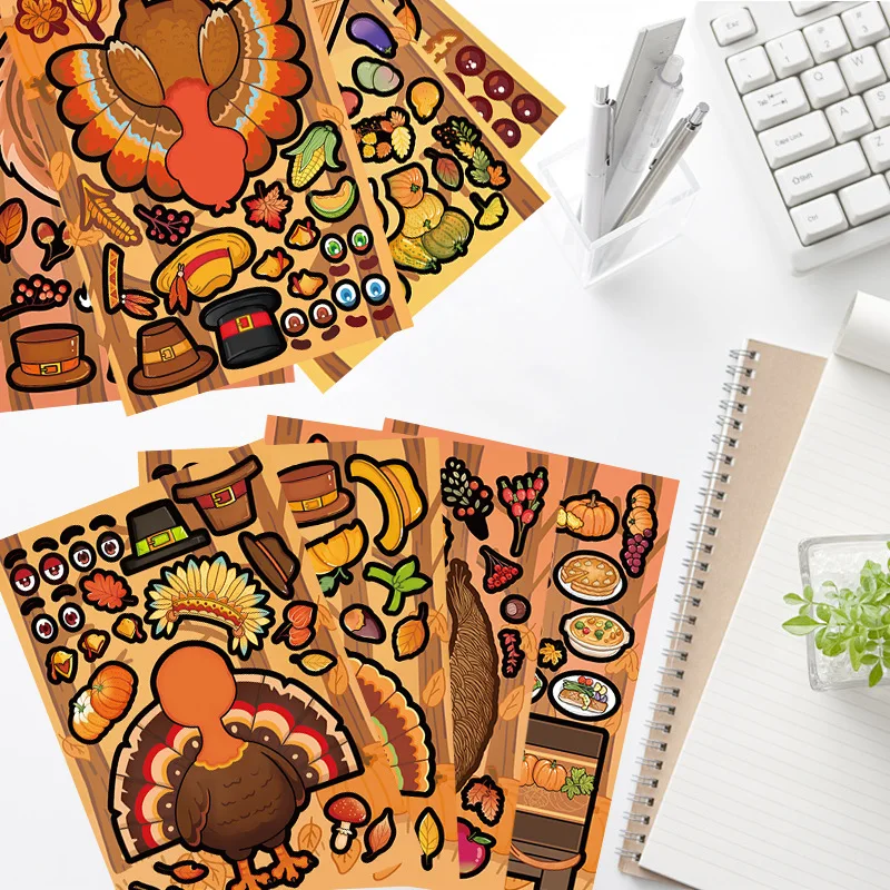 8/16 hojas de pegatinas de rompecabezas DIY de Acción de Gracias, decoración creativa de dibujos animados, funda para teléfono móvil, cuaderno, taza de agua, regalos impermeables