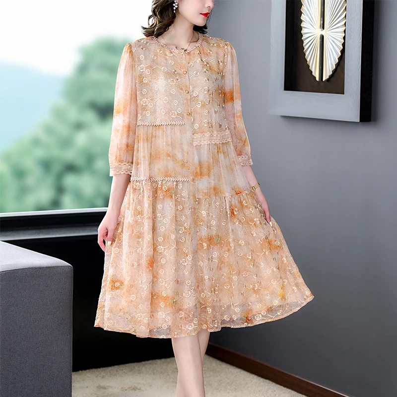 2023 Spring/Summer New Silk Flower Embroidery Dress Women's Lace Spliced Print Bohemian Loose Size Over Knee Long Dress