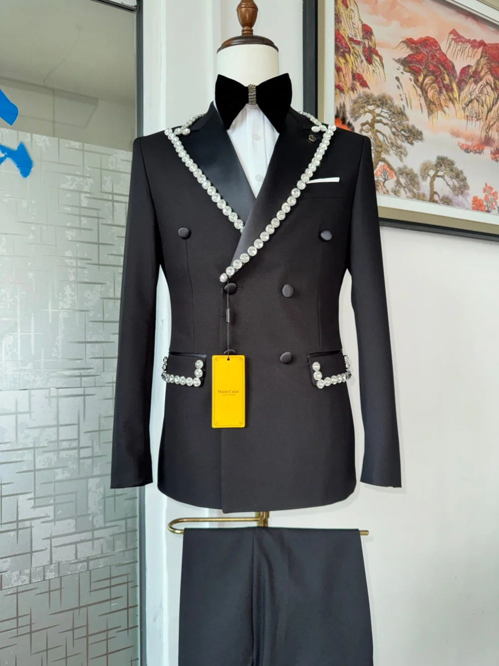 New Men's Premium Suit Set 2 Pieces Jacket Pants For Banquet Party Double Breasted Sparkly Rhinestones Man Tuxedo Wedding Outfit