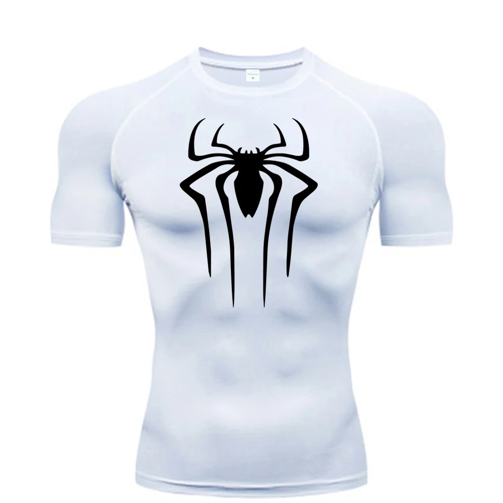 Spider Print Compression Shirts for Men Summer Short Sleeve Rash Guard Gym Workout Tshirt Athletic Quick Dry Undershirts Tops