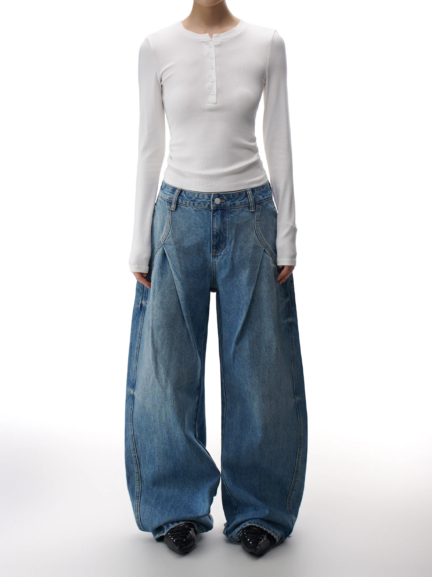 

Retro Blue Wide Leg Denim Jeans Women's Loose Folded Design Spicy Style Spring New Arrival Casual Cotton Natural Waist