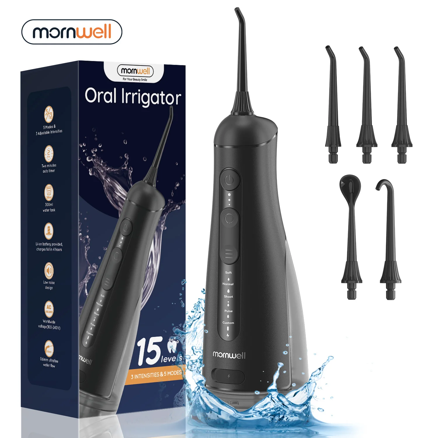 

Water Dental Flosser Pick for Teeth: 5 Modes 15 Level Pressure Portable Oral Irrigator 300ML IPX7 Waterproof Irrigation Picks