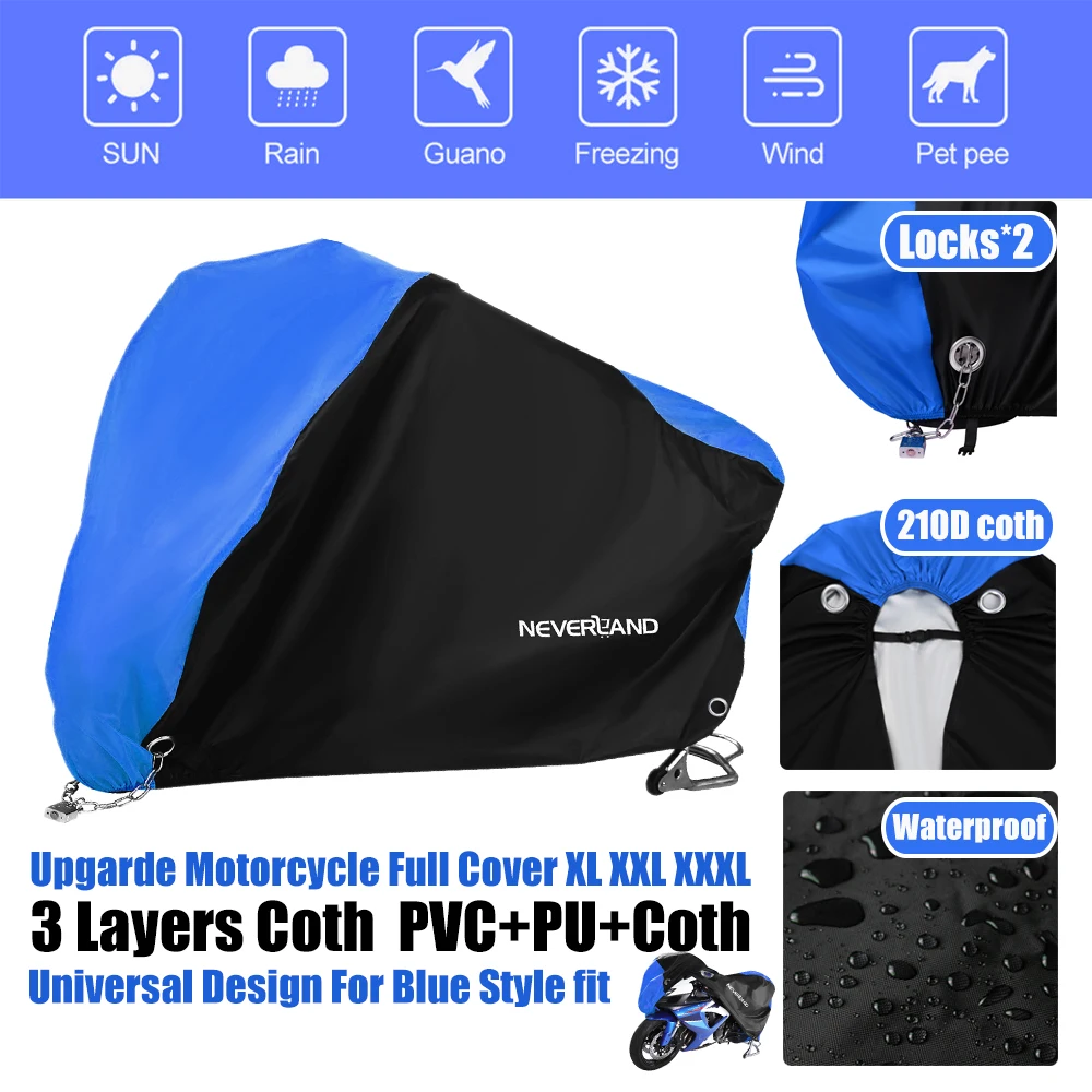 Motorcycle Cover Waterproof Outdoor Indoor Scooter Dirt Motor Bike Case Sun Rain Protector Rain UV Upgrade 210D Thickened3Layers