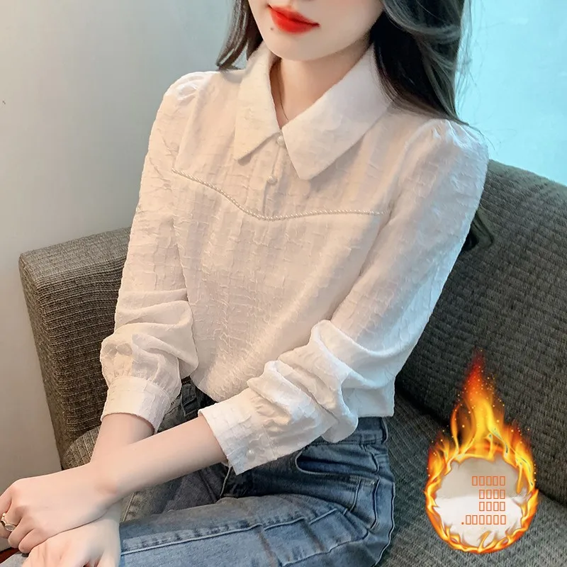 

Women's Long Sve Velvet Collar irt Spring Autumn Winter Basic Layering Top Ne Design Korean Sle Loose Fit