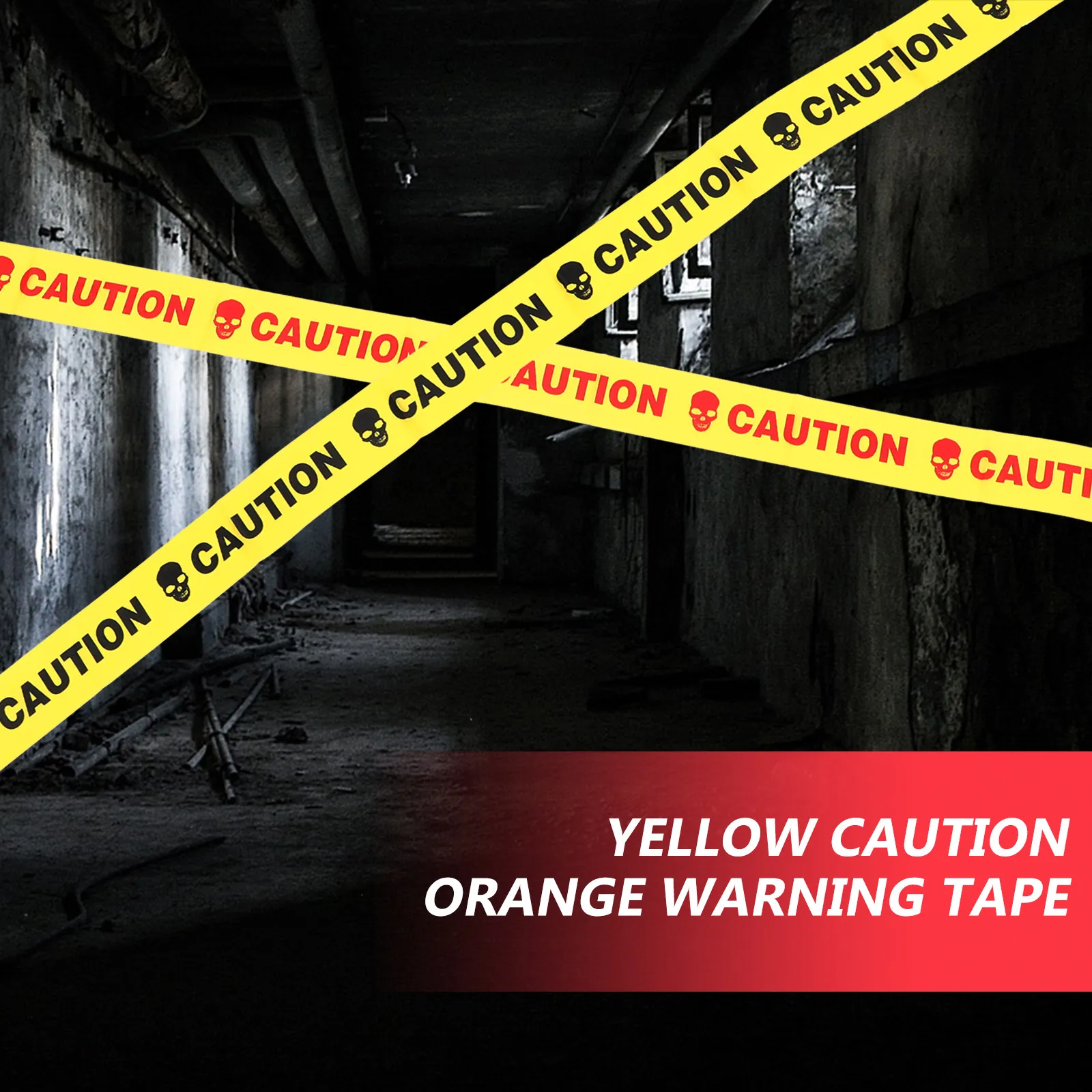 2Pcs Halloween Safety Warning Tape Skull Design Bright Yellow Orange Caution Tape Weather Resistant for Hazards Marking Haunted