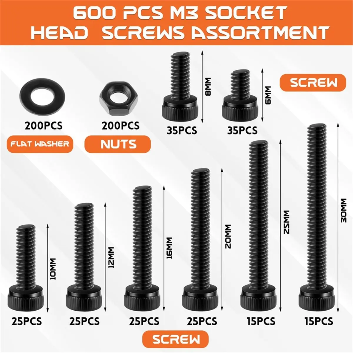 600Pcs M3 Screws,12.9 Alloy Steel Nuts and Bolts Assortment Kit,Black Zinc Plated Hex Socket Head Screws Nuts Bolts