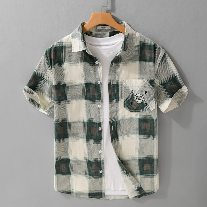 

2026 Summer New Vintage Plaid 100% Cotton Short Sleeve Shirt for Men Slim Casual Turn-down Collar Classic Shirt