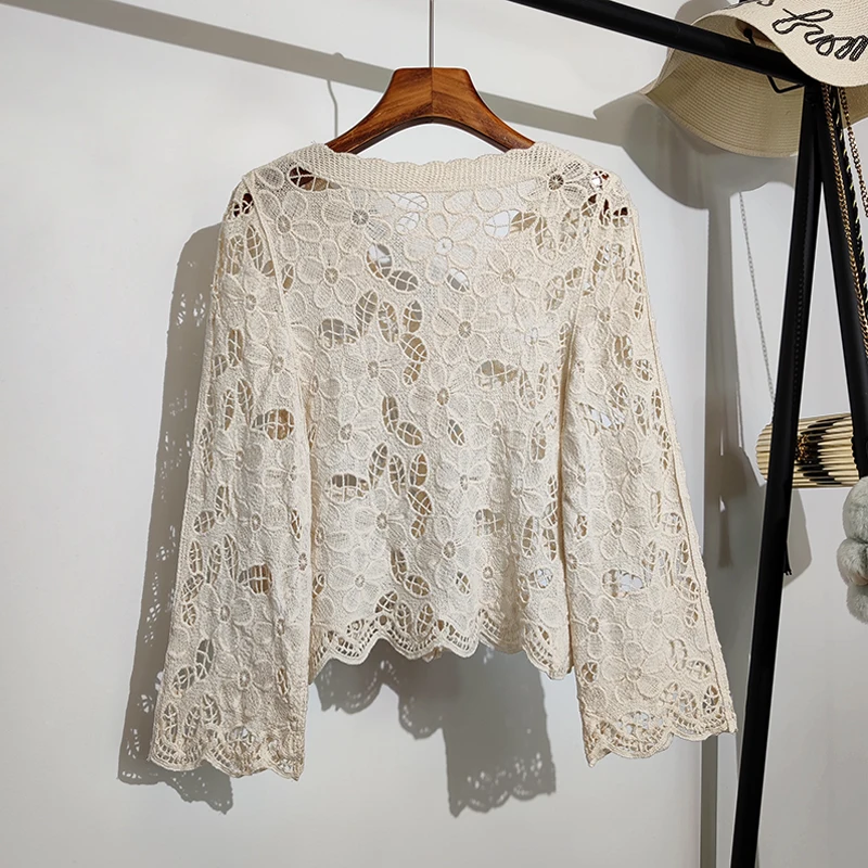 Sheer Crochet Top Cover Up Button Front V-Neck Long Sleeve Open-knit Embroidery Floral Blouse Women Summer Boho Vacation Outfit