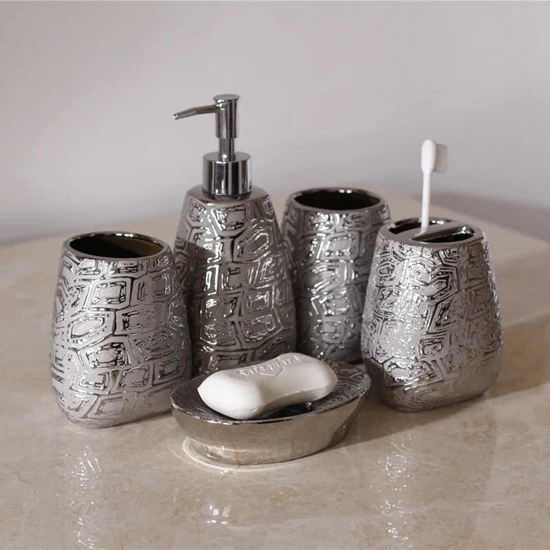 

Bathroom Amenities Set Simple Silver Ceramic Toothbrush Holder Soap Box Toothpaste Dispenser Lotion Bottle Bathroom Cup Nordic