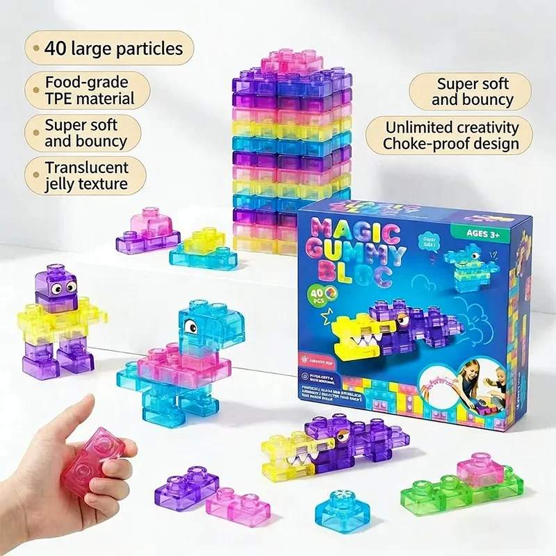 

40PCS Magic Gummy Bloc Soft Building Blocks for Kids, Food-Grade TPE Sensory Stacking Toys, Transparent Jelly Bricks, Educationa