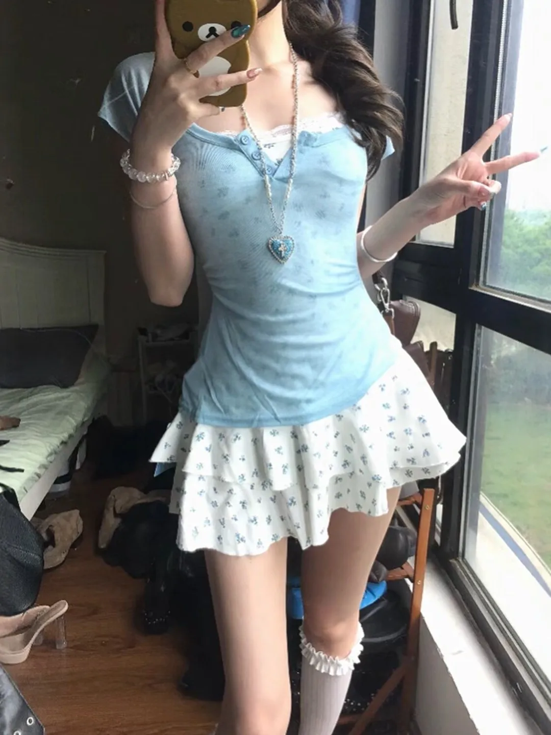 

Sweet Floral Print Two-Piece Set Women's Dress Gentle Style Belted Waist Short Sleeve U-Neckline Cotton Blend Summer Dress