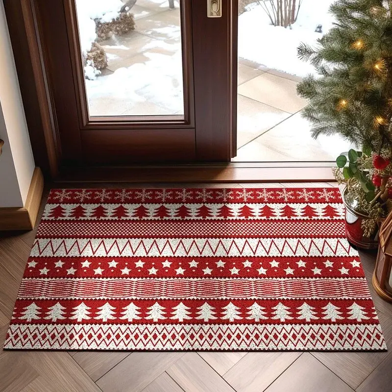 Christmas Doormat Red White Striped Non Slip PVC Coil Front Door Mat Indoor Outdoor Xmas Holiday Entrance Rug Home Decor