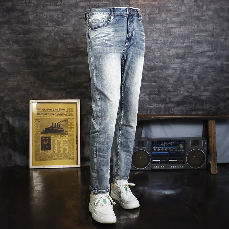 Italian Style Fashion Men Jeans High Quality Retro Blue Stretch Slim Fit Ripped Jeans Men Vintage Designer Denim Pants Hombre