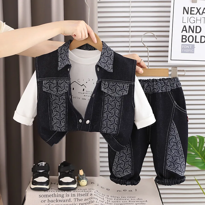Boys' Fall Clothing 2026 New Children's Korean Fashion Splicing Contrasting Denim Vest + White T-shirt + Pants Three Piece Set