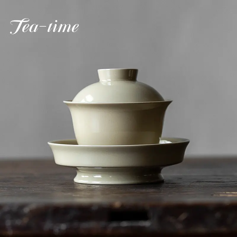 

Boutique Grey Glaze of Grass and Wood Tea Tureen Handmade Ceramics Sancai Tea Cup Chinese Kung Fu Puer Giwai Household Tea Maker