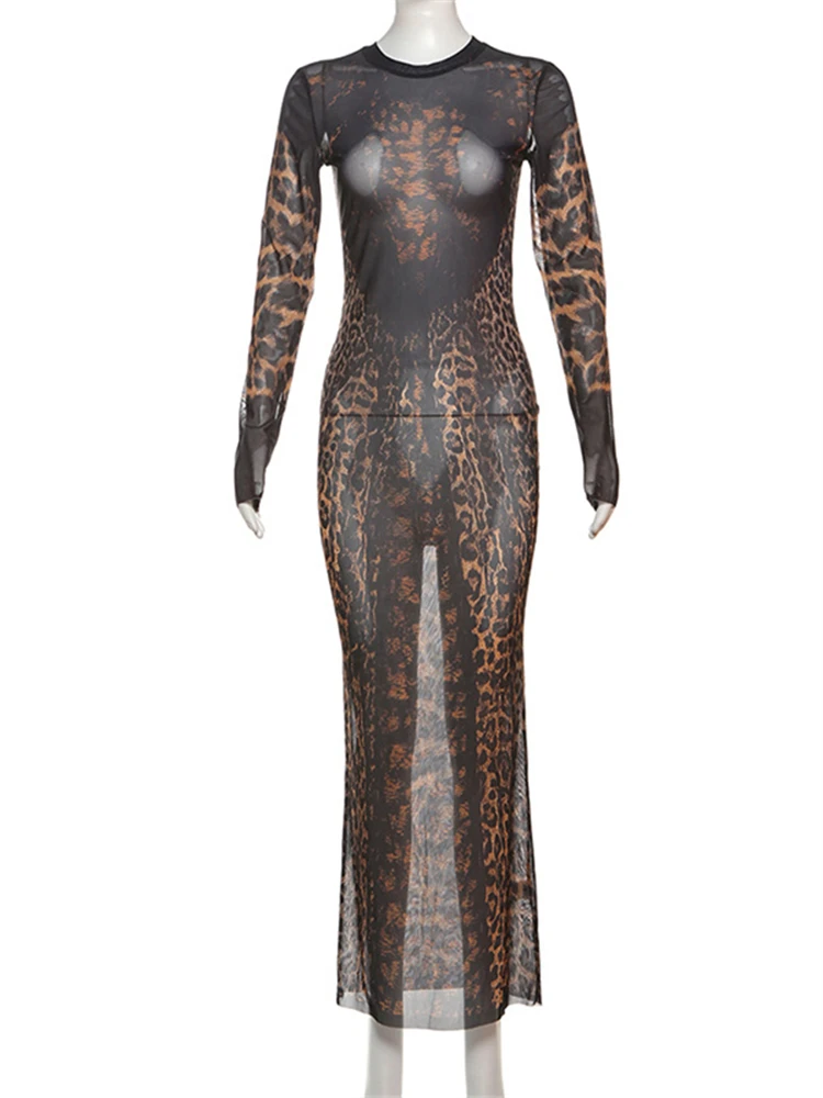 Habbris Fall Leopard Printed Mesh Long Dress Midnight Party Outfit For Women 2024 Long Sleeve Crewneck See Through Maxi Vestidos