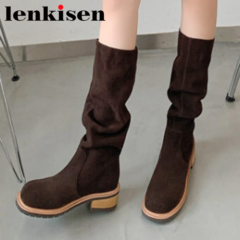 

Lenkisen Cow Suede Round Toe Modern Boots Soft Med Heels High Street Fashion Pleated Korean Girl Causal Slip on Thigh High Boots