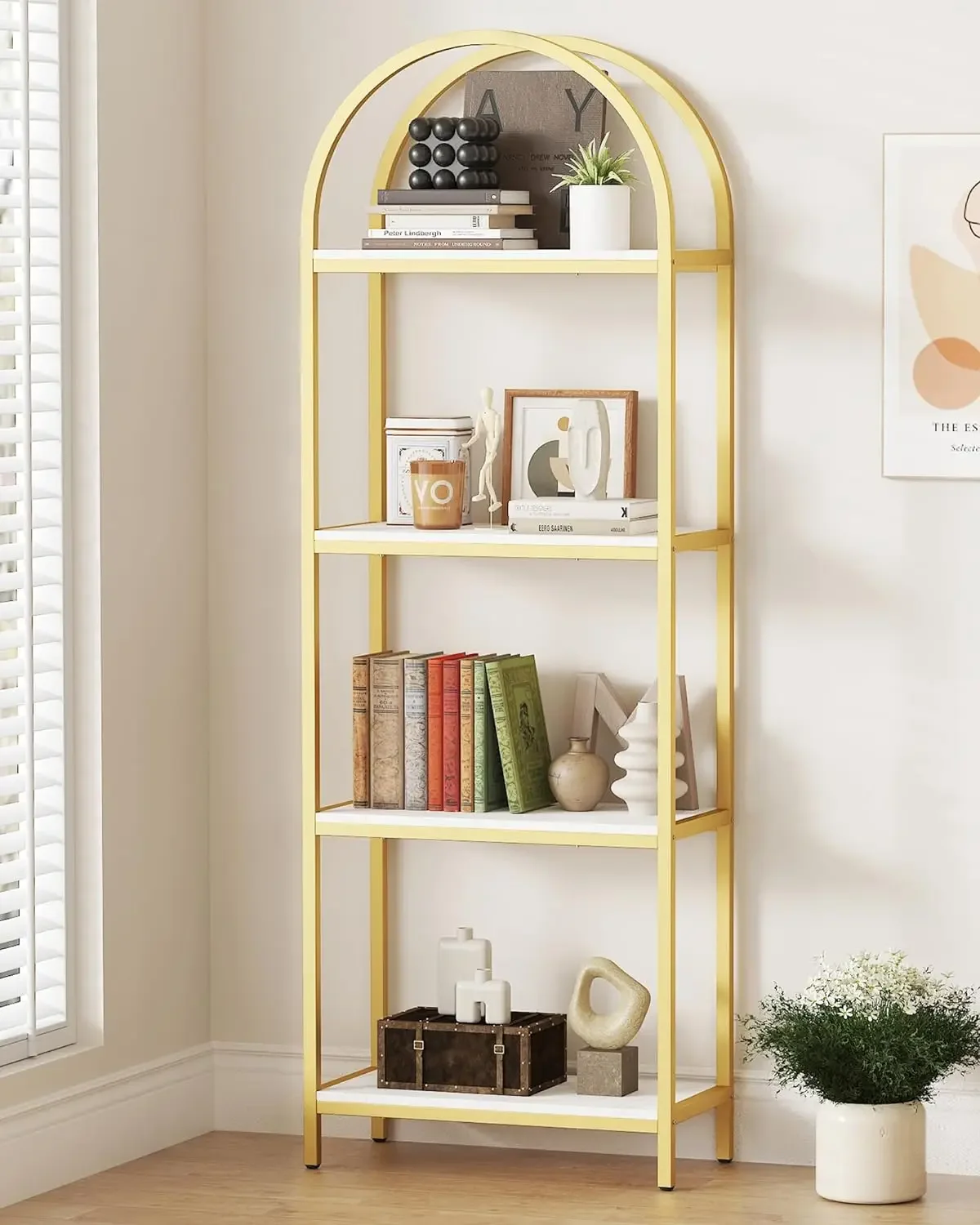 

Arched Bookshelf 4 Tier Bookcase, Book Shelves for Living Room, Display Shelving Storage Rack Metal Frame,Gold White