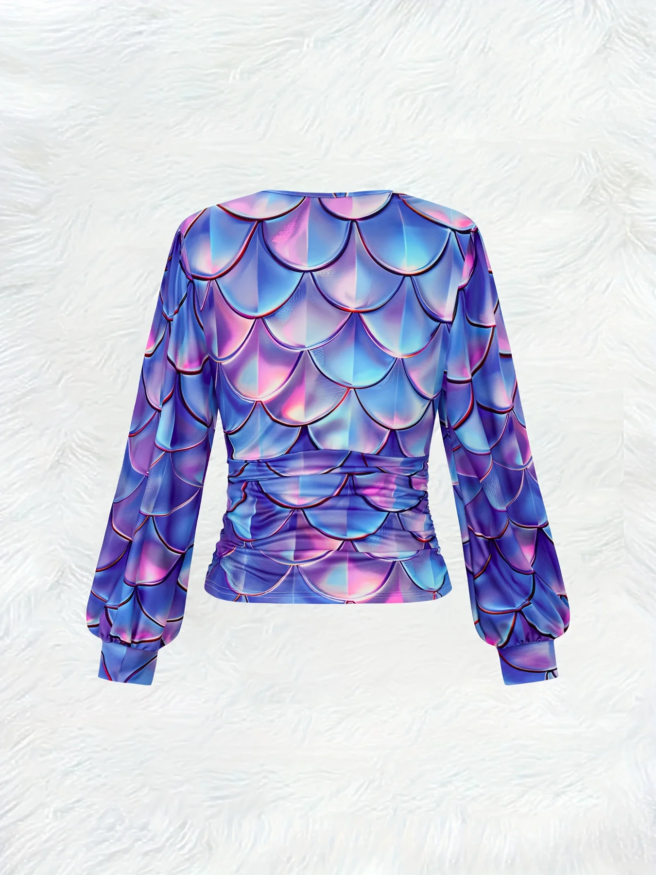 Casual Style Women's Top Flat Print Design Iridescent Mermaid Scale Pattern Print Ruffled Edge V-neck Long Sleeve Top