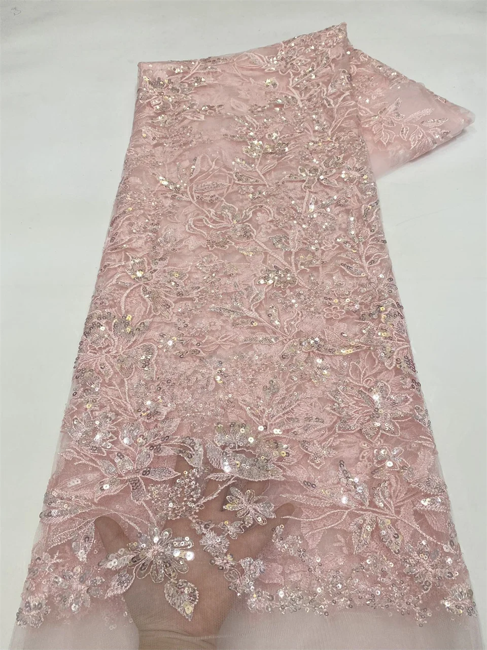 

African Sequins Lace Fabric 2026 High Quality Embroidery Handmade Sequence Beaded Lace Fabric for Bridal Dress Sewing HXZ6325