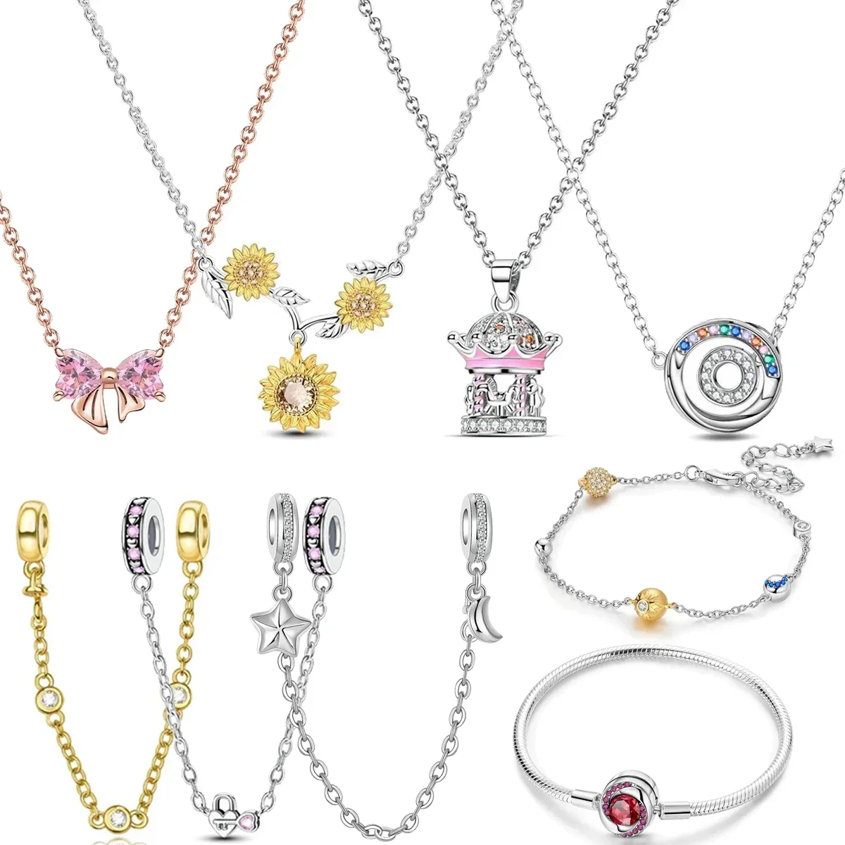 

Оригинальный бант из стерлингового серебра 925 пробы, сделай сам, цветок, драгоценный камень, луна, звезда, сверкающее ожерелье, браслеты, нержавеющая защитная цепочка, подарки для женщин