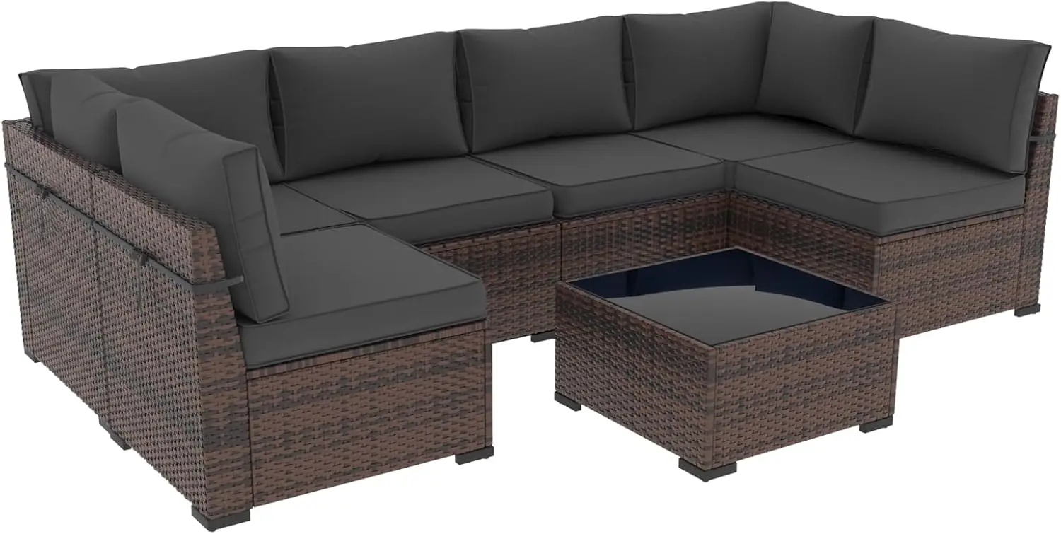 Amopatio 7 Pieces Patio Furniture Set, Outdoor Furniture Sectional Sofa Set with Slanted Back, Patio Couch with Glass Coffee Tab