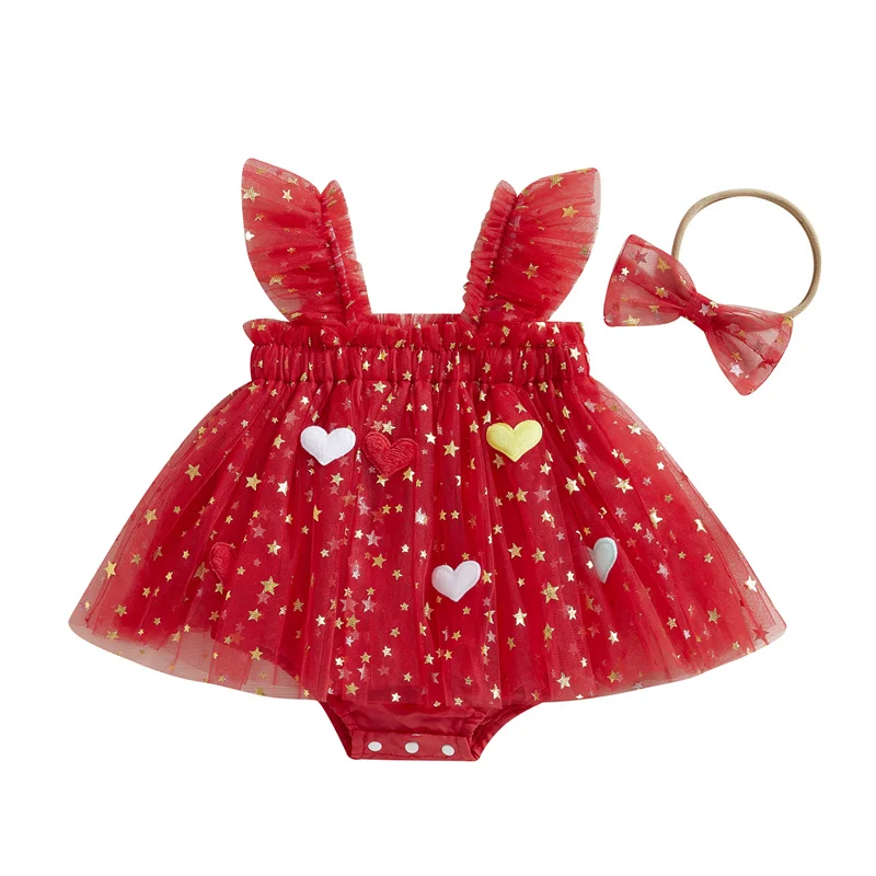 Cathery Newborn Girl Outfits Fly Sleeve Heart Stars Tulle Tutu Romper Dress with Bowknot Hairband Summer Clothes Streetwear 2025