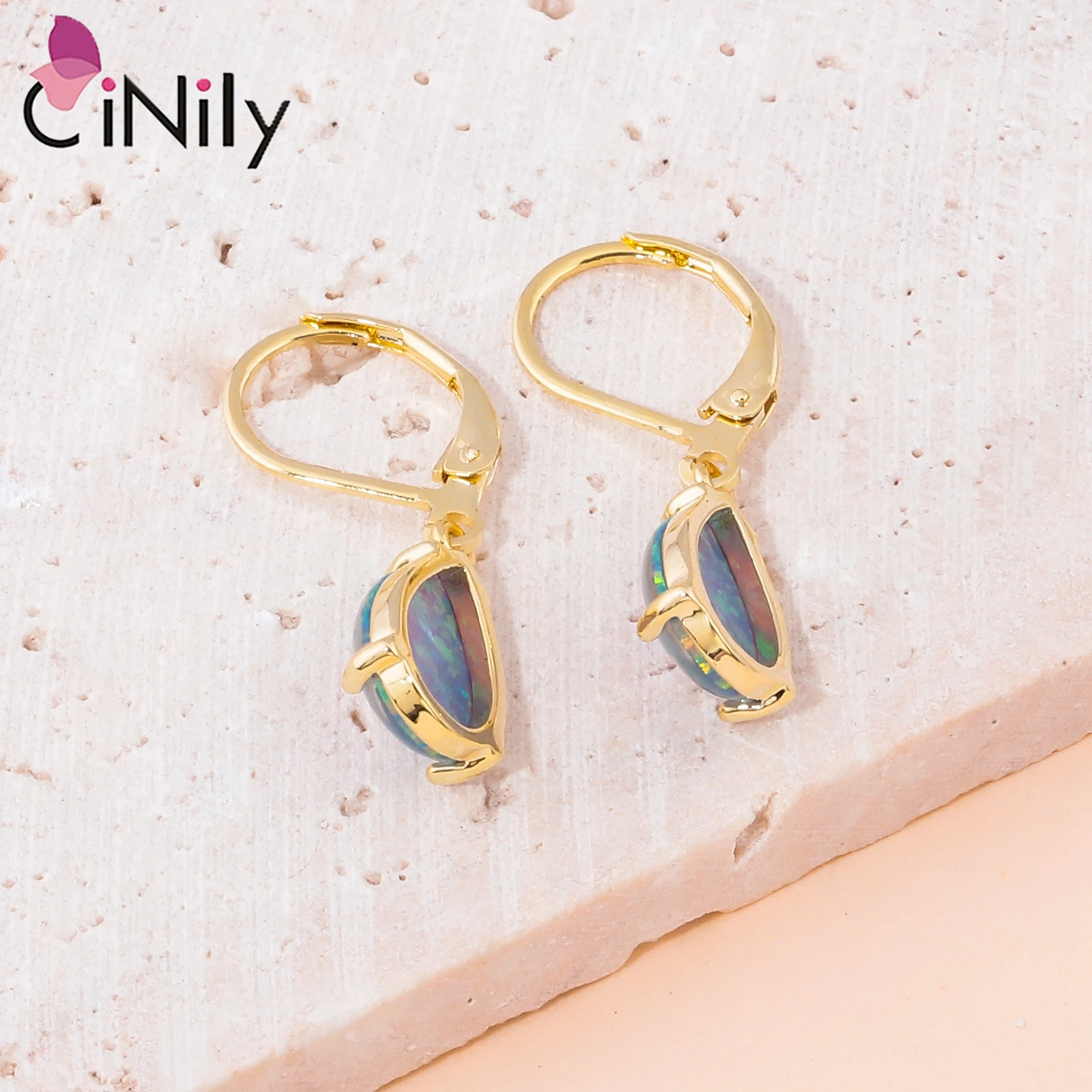 CiNily Blue&Purple Opal Hoop Earrings With Opal Stone Yellow Gold Plated Tear Drop Dangle Earring for Women Girls Summer Jewelry