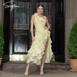 SSYTENS Light Yellow Prom Dresses for Women One Shoulder Evening Dress Customized Tiered Organza Slit Long Formal Party Gowns