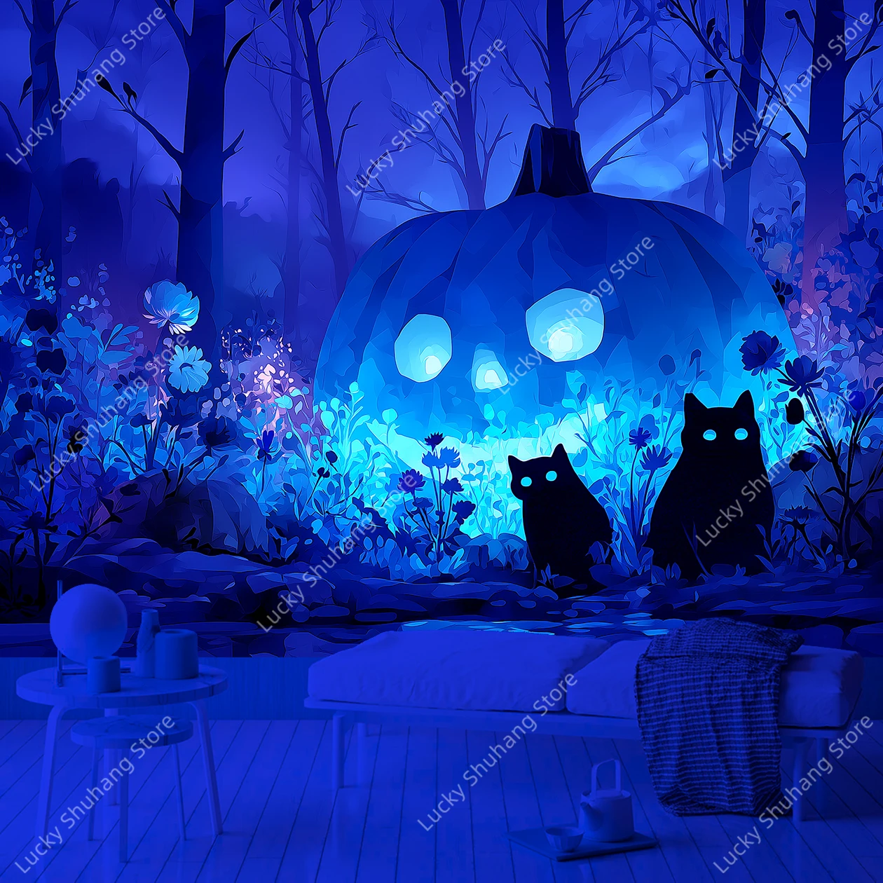 Mystical Glowing Pumpkin Skull UV Tapestry with Black Cats in Enchanted Forest Halloween Gothic Wall Hanging for Bedroom Decor
