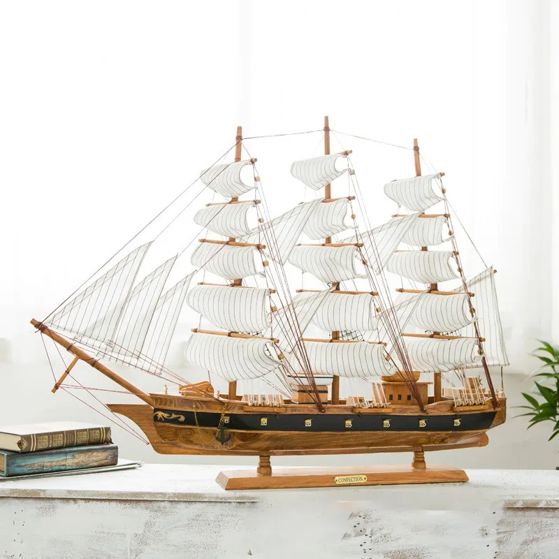 80cm Nautical Mediterranean Wood Sculpture Crafts Beach Home Desk Decor Wooden Sailboat Sail Ship Model Boats Ship Birthday Gift