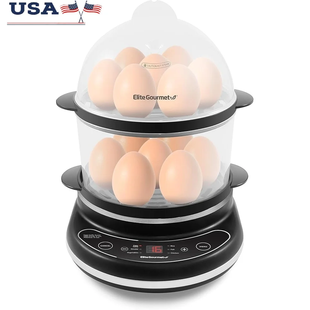 طباخ البيض الرقمي بسعة 14 بيضة، صانع عجة الصياد بالبخار من طبقتين مع شاشة LED للتحكم باللمس، 6 وظائف محددة مسبقًا